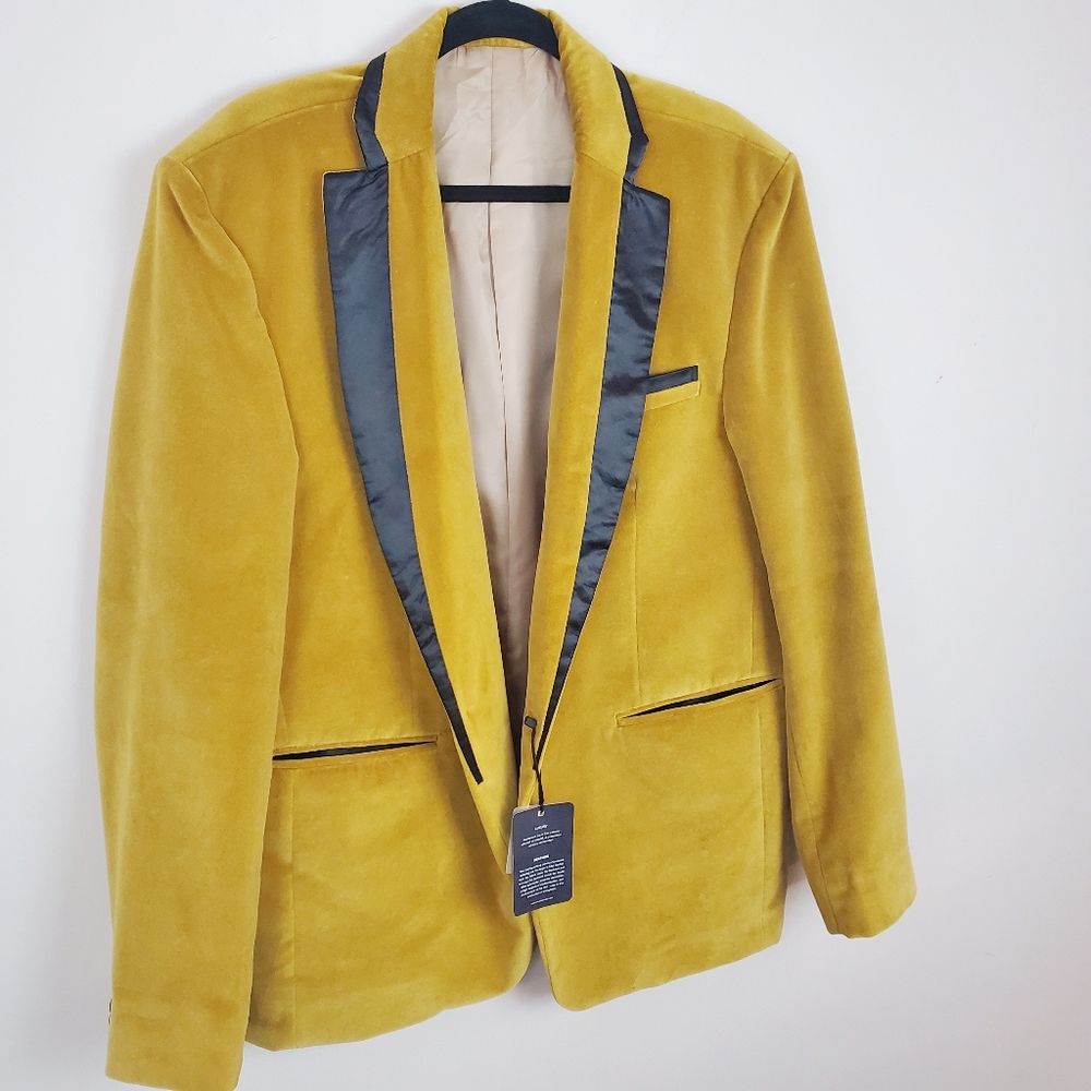 Men's Mustard Velvet Blazer with Black Accents